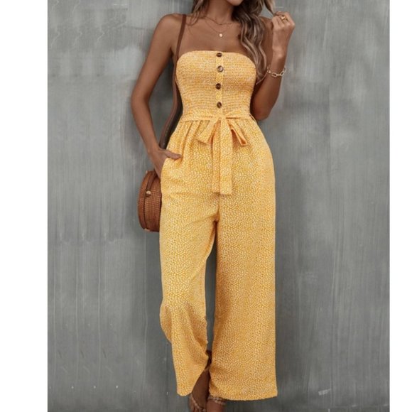 Yellow Boho Womens Allover Print Pocket Side Belted Tube Jumpsuit - Picture 4 of 9